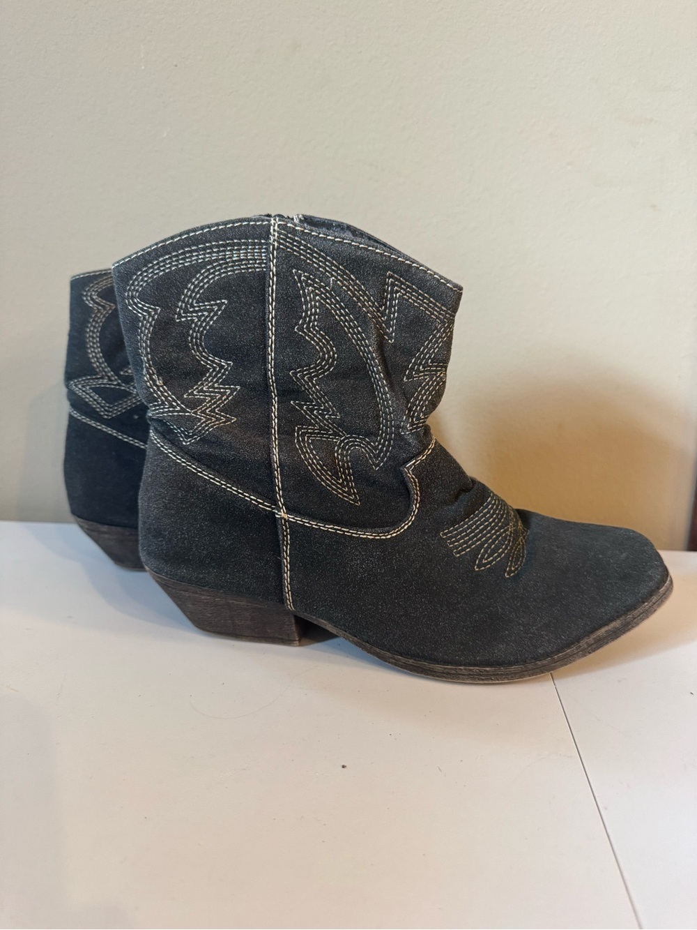 Nature Breeze Charcoal Suede Western Ankle Boots with Contrast Stitching